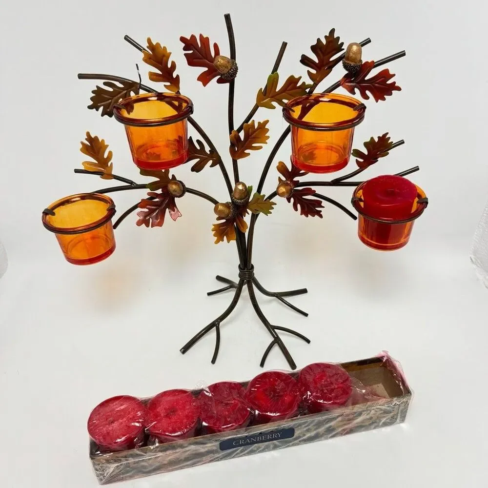 Metal Tree Votives Candle Holder With Orange Glass And Acorn Details